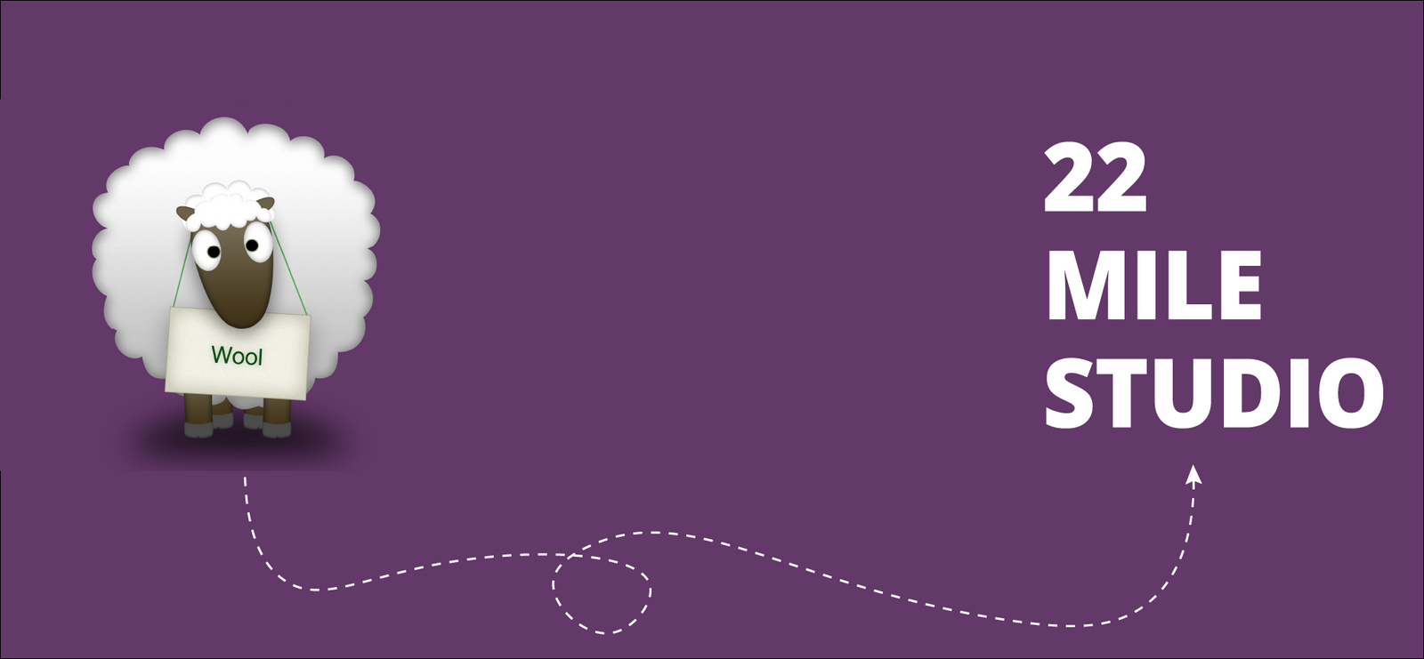 Sheep holding a sign that says 'Wool' with an arrow pointing to the 22 Mile Studio logo on a purple background